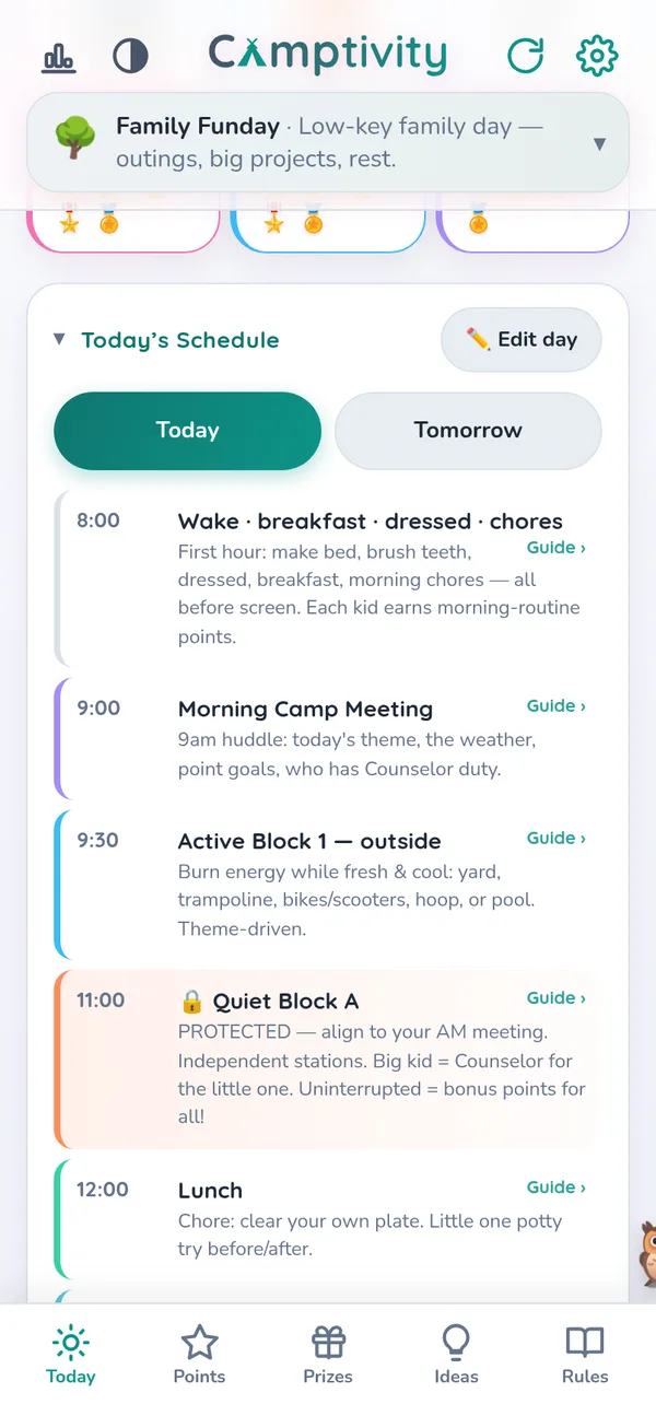 The Camptivity app showing campers' points, streaks and the day's schedule
