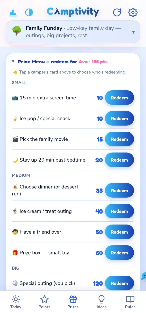 Prize menu and redeeming in the Ocean theme